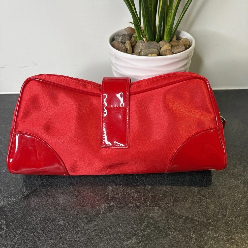 Dior Red Patent Faux Leather & Satin Cosmetic Pouch Bag Silver Snap Never Used
